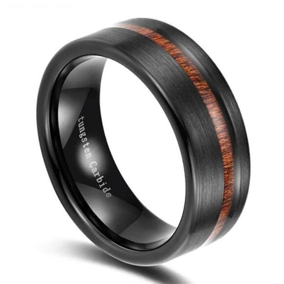 Men's Wedding Band - Black Brushed Off Center Koa Wood Ring for Men and Women - Picture 2 of 9